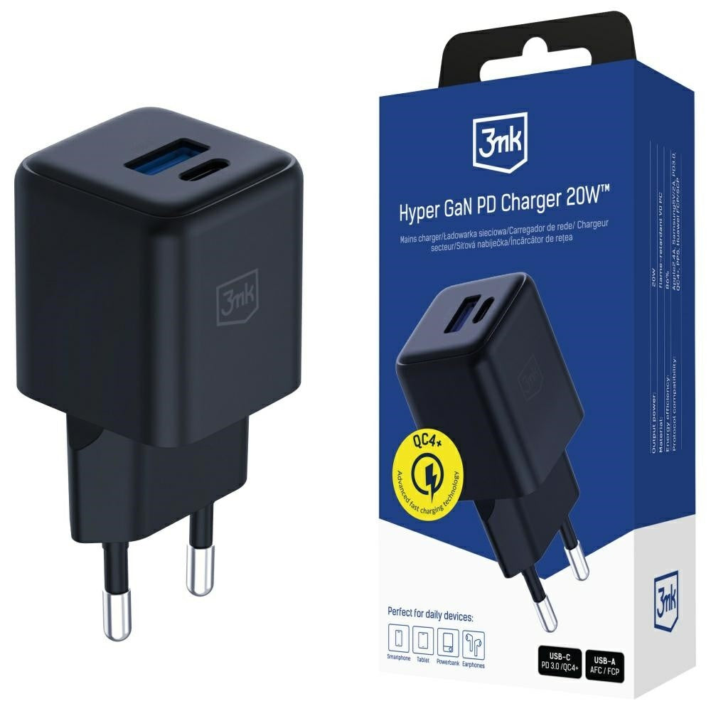 Încărcător de perete Hyper GaN 20W 1xUSB-A 1xUSB-C PD QC4+ Negru