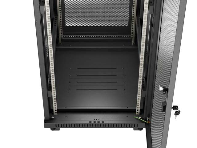 Dulap rack negru de podea 19" 24U 600x800 cu uși perforate, LCD (Pachet complet) V2
