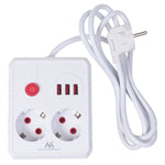 Prelungitor cu 2 prize MCE387 W 3xUSB, 110-240V AC 50/60Hz, 2.1A max 2500W, 1.5m, alb