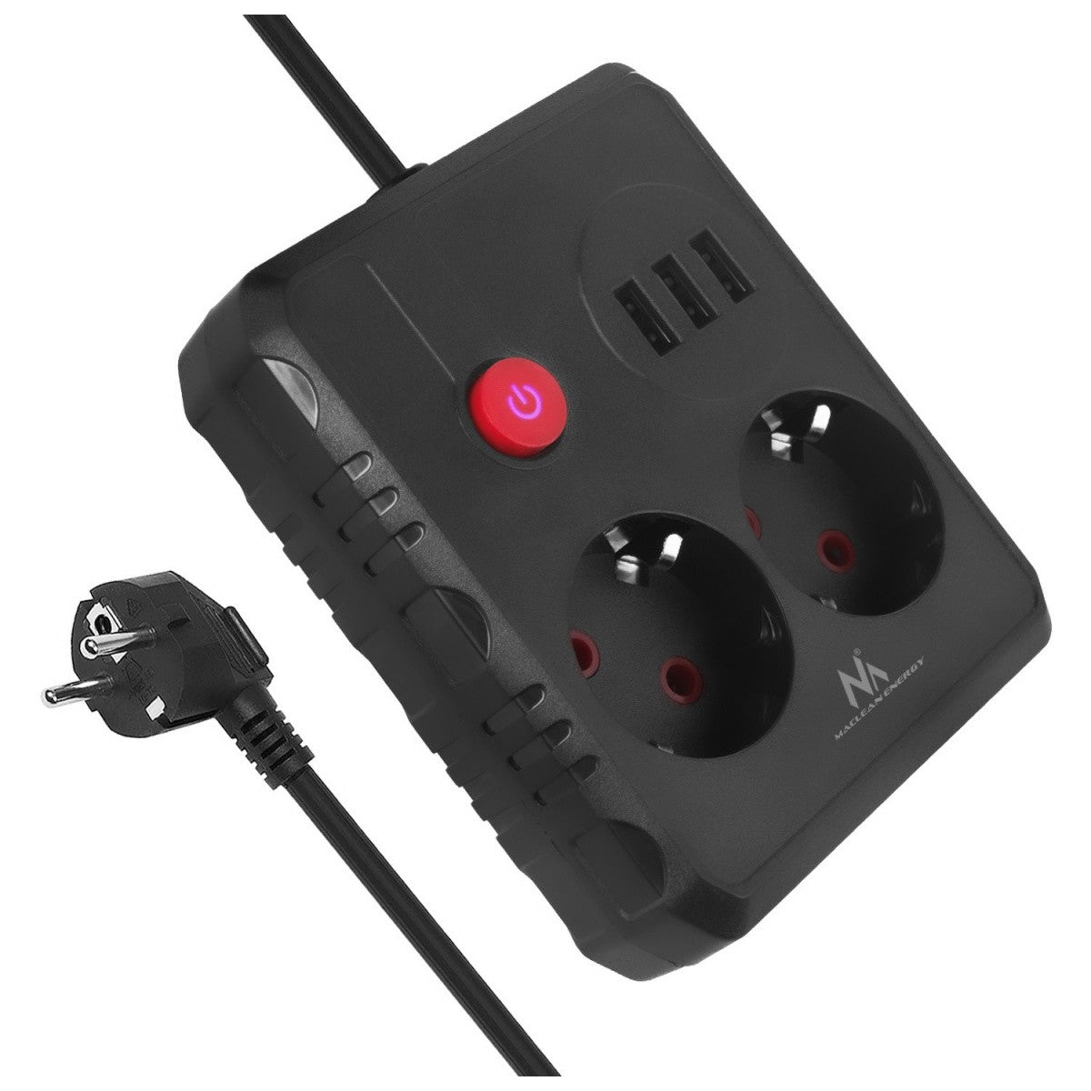 Prelungitor MCE388 B cu 2 prize, 3xUSB, 110-240V AC 50/60Hz, 2.1A max 2500W, 3m negru