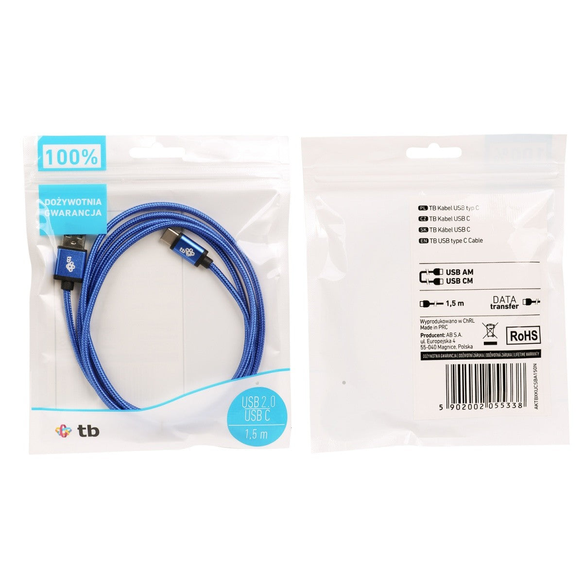 Cablu USB-USB C 1,5 m cu șnur albastru