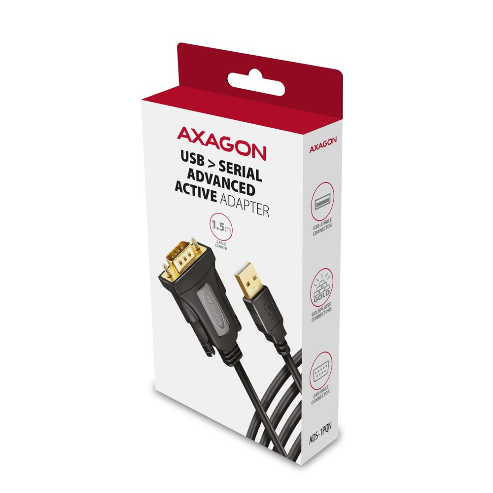 Adaptor ADS-1PQN USB 2.0 > RS-232 pentru port serial, cablu de 1,5 m, cip FTDI