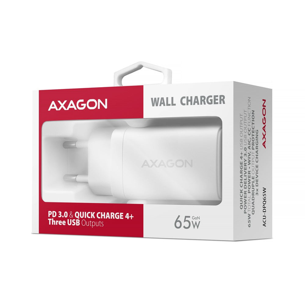 Încărcător de perete ACU-DPQ65W GaN 65W, 3 porturi (USB-A + USB-C dual) PD3.0/QC4+/PPS/Apple, alb