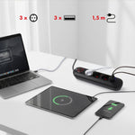 Prelungitor MCE394 B, 1,5 m | 3 prize + 3xUSB. 110-240V AC 50/60Hz, 2,1A max 2500W, negru