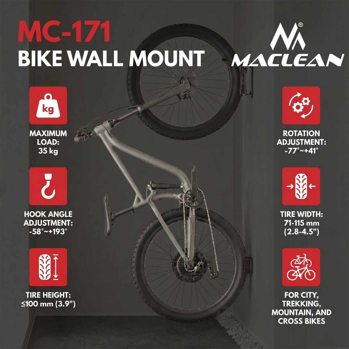 Suport de perete pentru bicicletă max. 35 kg MC-171