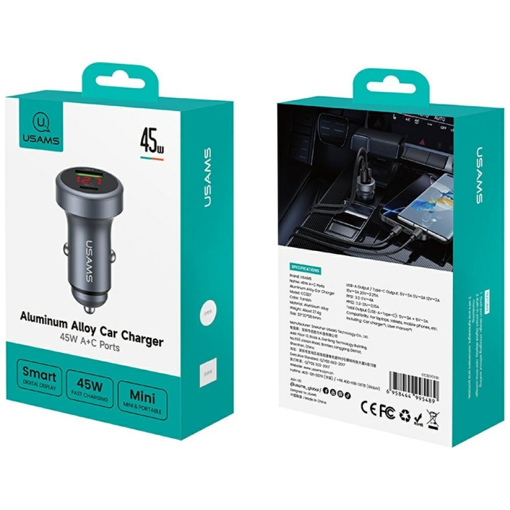 Încărcător auto din aluminiu cu LED USB-A USB-C de 45 W