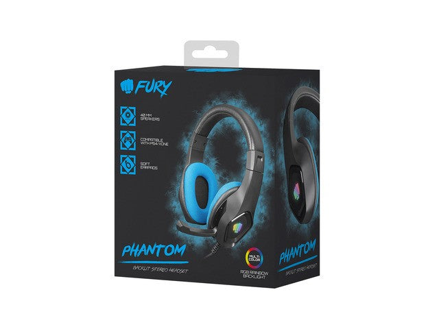 Căști de gaming Phantom cu iluminare din spate neagră și albastră