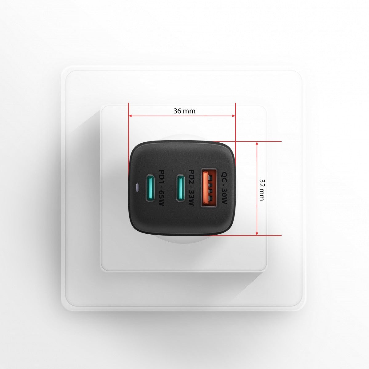 Încărcător de perete ACU-DPQ65, GaN 65W, 3 porturi (USB-A + USB-C dual), PD3.0/QC4+/PPS/Apple, negru
