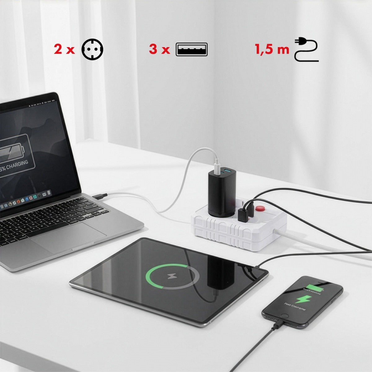 Prelungitor cu 2 prize MCE387 W 3xUSB, 110-240V AC 50/60Hz, 2.1A max 2500W, 1.5m, alb