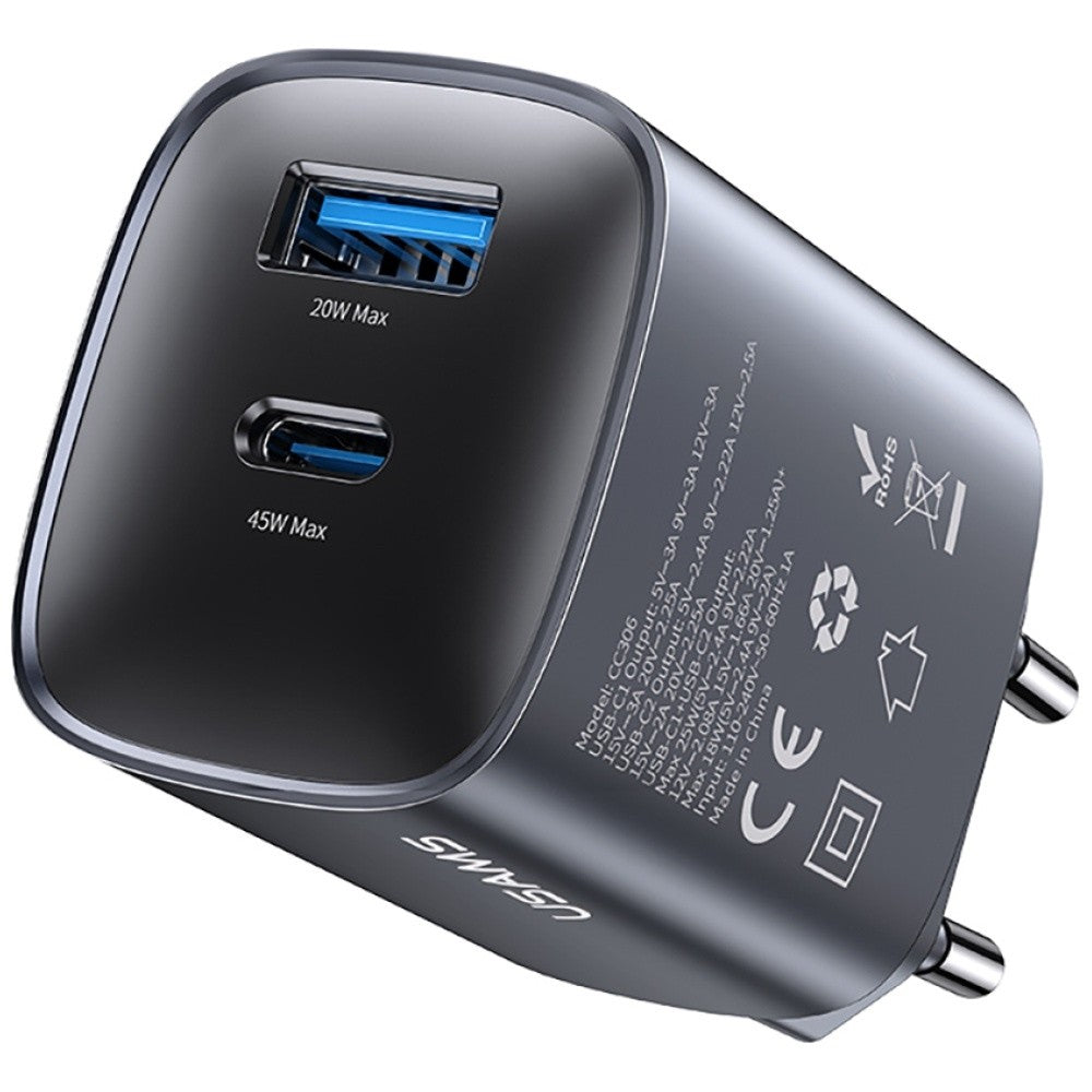 Încărcător de perete cu încărcare rapidă T66 45W CC290 GaN 1xUSB-A 1xUSB-C argintiu