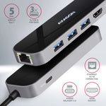 Hub portabil HMC-6GL USB 6 în 1, 5 Gbps, 3x USB-A, HDMI 4K/30Hz, GLAN, PD 100 W, cablu USB-C 20 cm