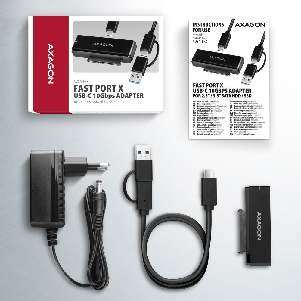 Adaptor ADSA-FPX USB-C 10Gbps SATA 6G 2.5/3.5 inch SSD/HDD FASTPORT X, inclusiv sursă de alimentare, cablu USB-C/USB-A de 60 cm