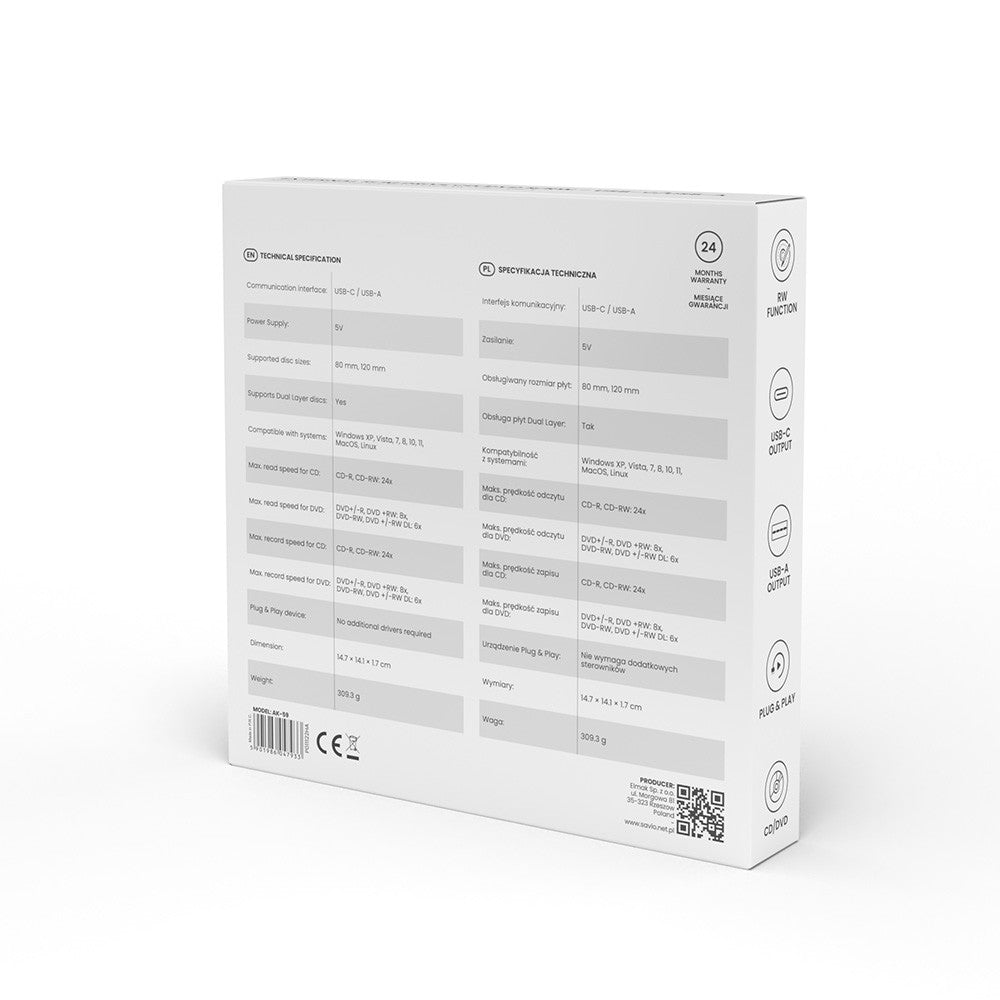 Unitate externă subțire CD/DVD R/RW, USB-C/USB-A, AK-59