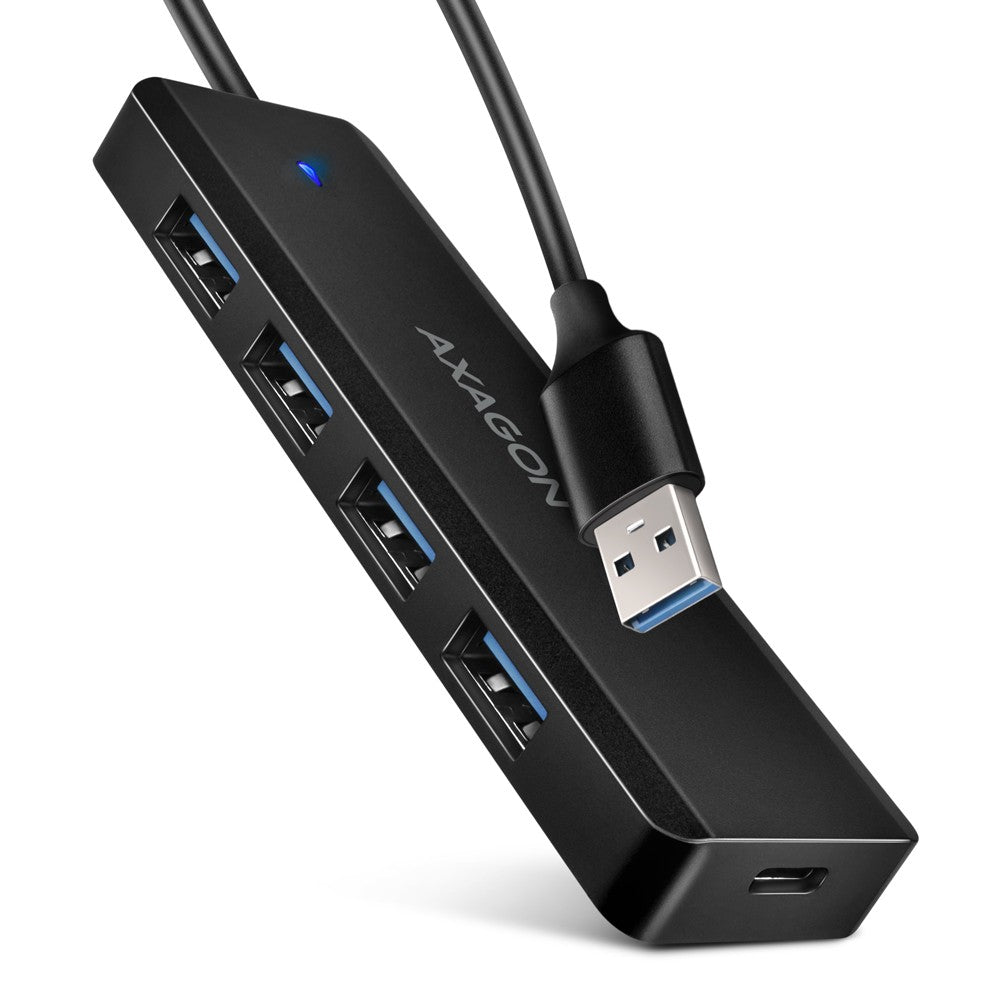 HUB de călătorie HUE-C1A cu 4 porturi USB 5Gbps, intrare de alimentare USB-C, cablu tip A de 19 cm, sursă de alimentare suplimentară USB-C