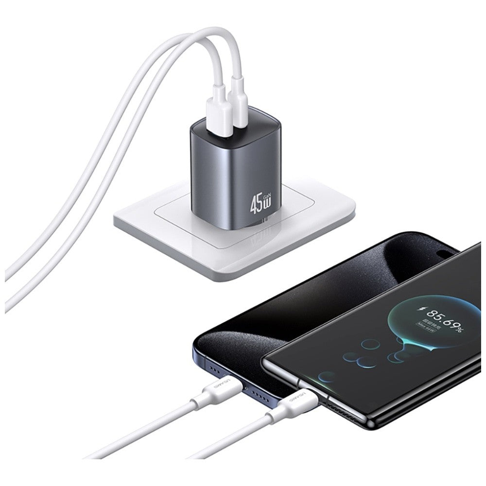 Încărcător de perete cu încărcare rapidă T66 45W CC290 GaN 1xUSB-A 1xUSB-C argintiu