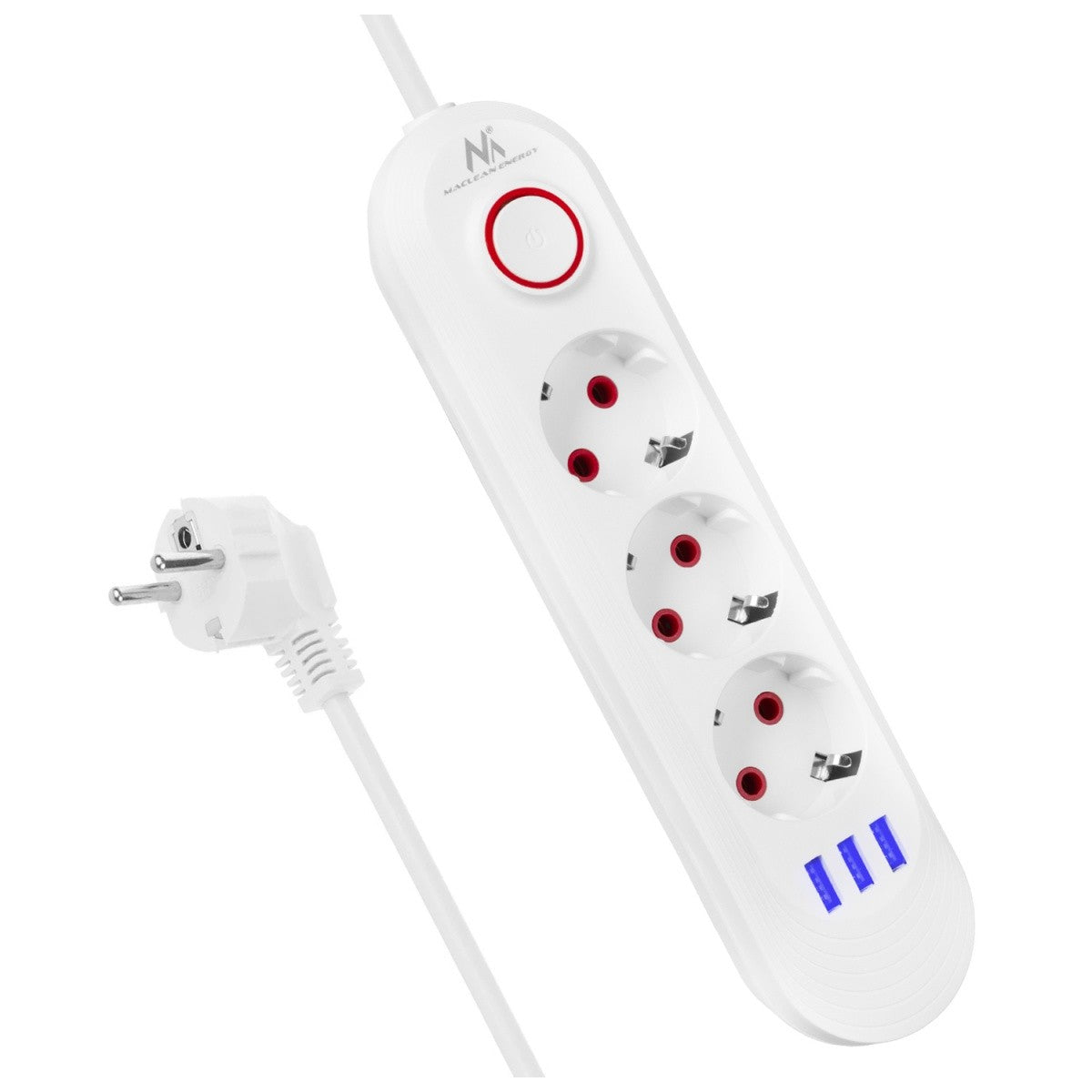 Prelungitor MCE394 W, 3 prize, 3xUSB, 110-240V AC 50/60, 2.1A max 2500W, alb