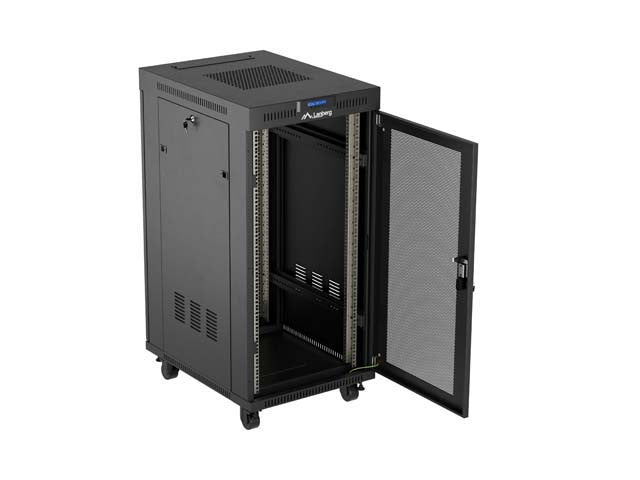 Dulap rack negru de podea 19" 24U 600x800 cu uși perforate, LCD (Pachet complet) V2