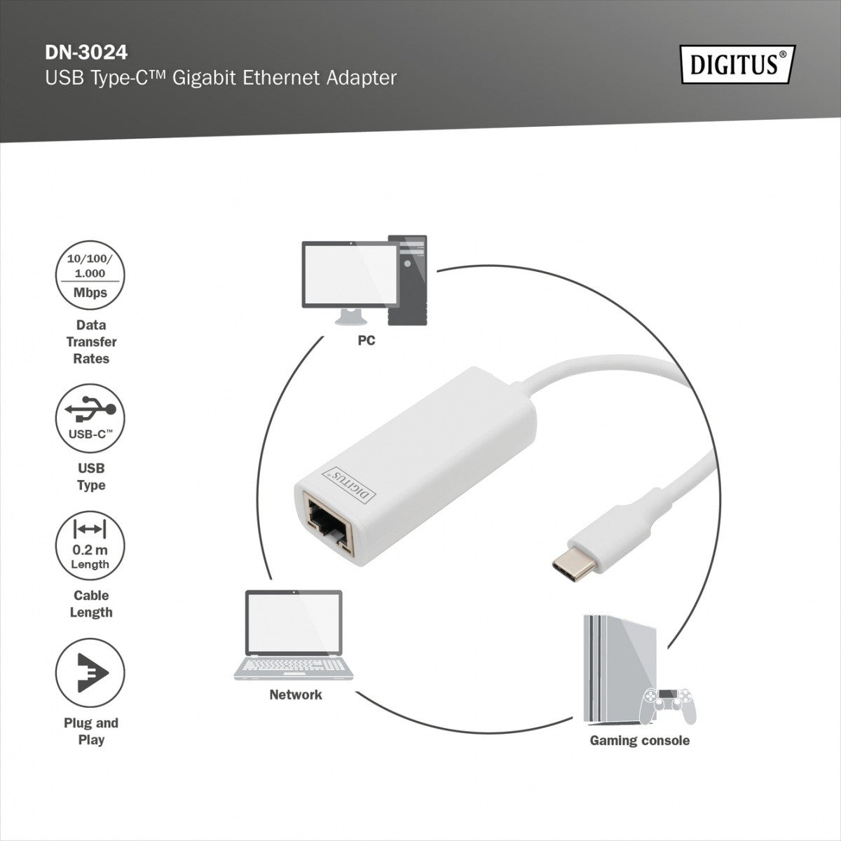 Adaptor de rețea cu fir USB 3.0 tip C la Gigabit Ethernet 10/100/1000 Mbps