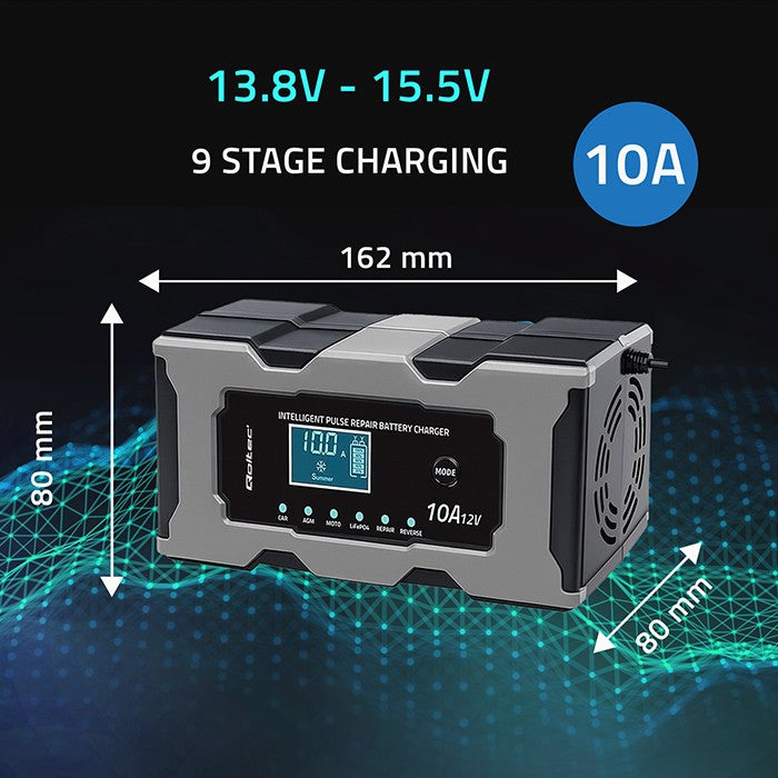 Încărcător cu microprocesor 12V 10A | Redresor cu funcție de reparare pentru baterii AGM GEL LiFePO4 | LCD