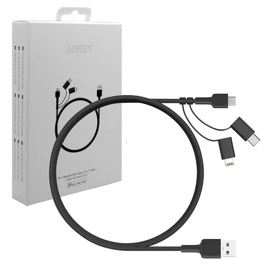 Cablu micro USB CB-BAL5 3 în 1 | USB-C | Lightning | împletitură de nailon 1,2 m, negru
