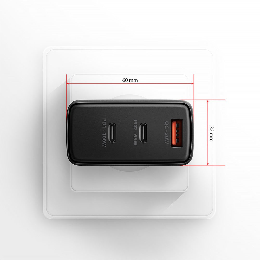 Încărcător de perete ACU-DPQ100 GaN 100W, 3 porturi (USB-A + USB-C dual) PD3.0/QC4+/PPS/Apple Negru