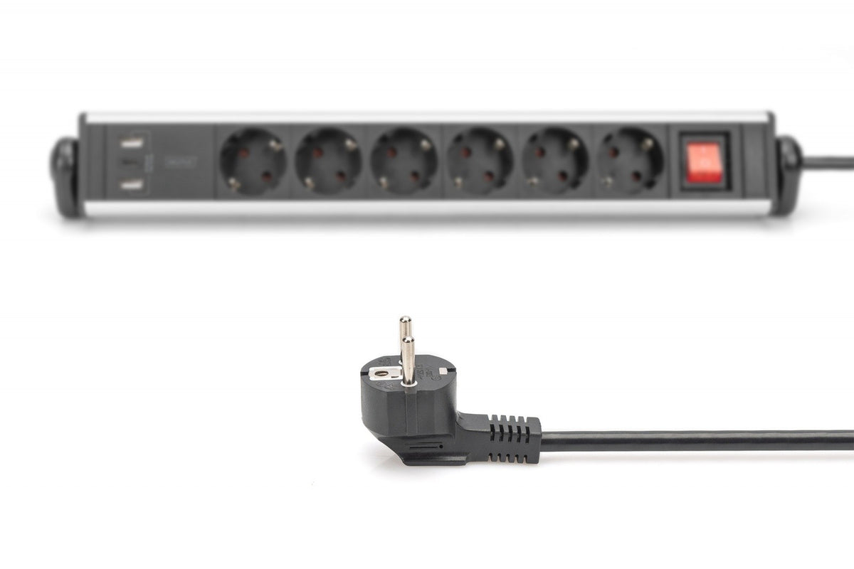 Prelungitor de prize pentru birou la 45°, 6 prize, 2xUSB-A, 1xUSB-C (5V/3.4A), rotație la 180°, aluminiu, cu clemă de birou