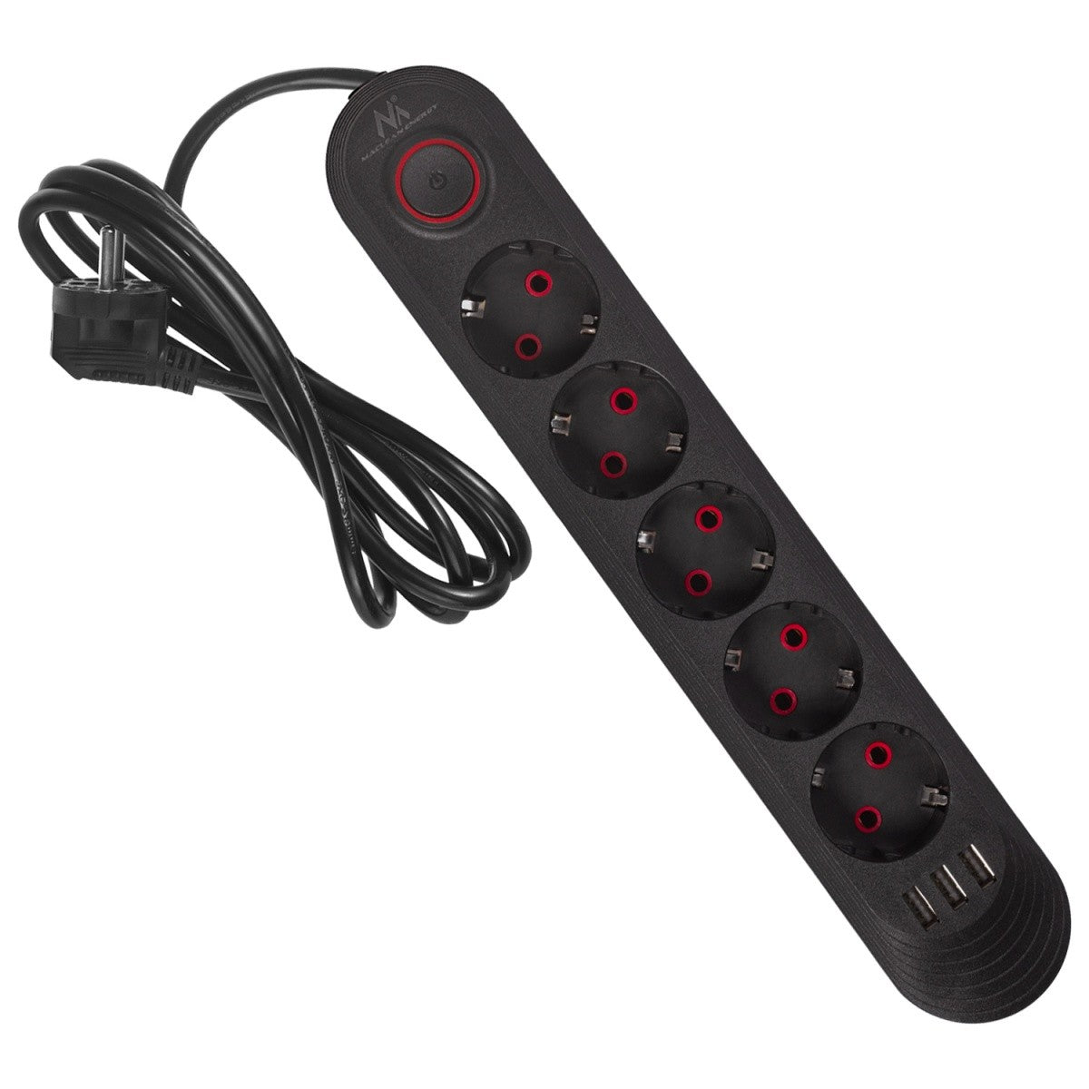 Prelungitor MCE395 B, 5 prize, 3xUSB, 110-240V AC 50/60Hz, 2.1A max 2500W, negru