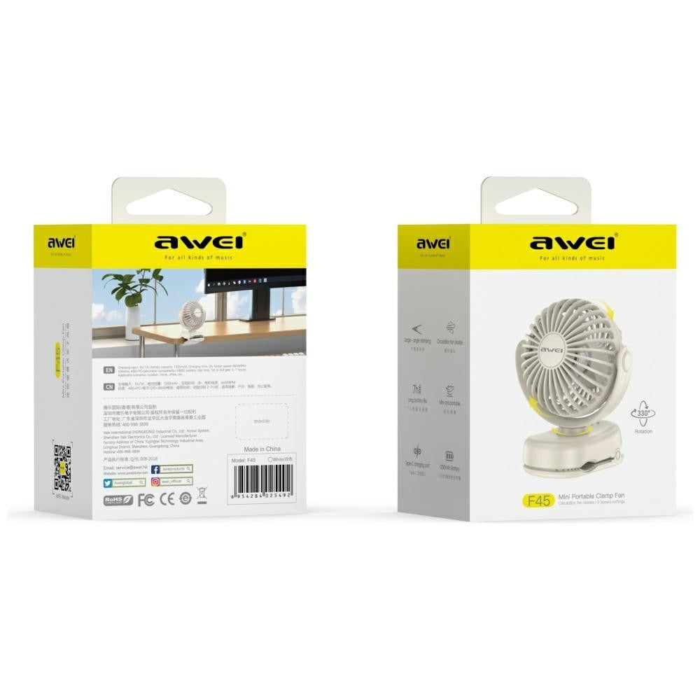 Mini ventilator de birou F45 cu clips 1200mAh alb