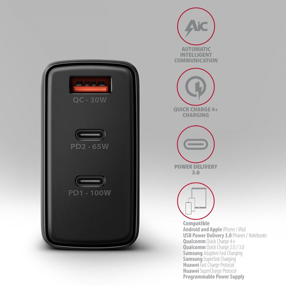Încărcător de perete ACU-DPQ100 GaN 100W, 3 porturi (USB-A + USB-C dual) PD3.0/QC4+/PPS/Apple Negru