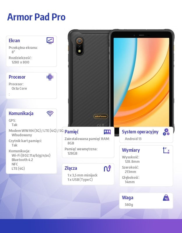 Tabletă Armor Pad Pro 4G 8" 8/128GB IP69K Negru