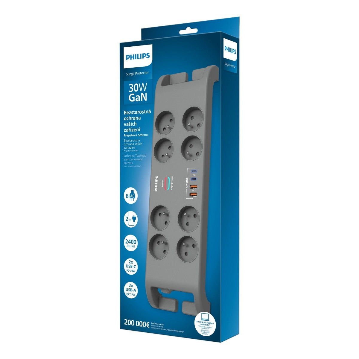 Bandă de protecție la supratensiune 2m, 8 prize, 2xUSB-C, 2xUSB-A, 30W GaN, protecție la supratensiune 2400J