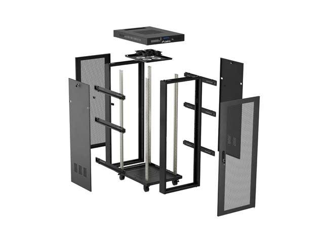 Dulap rack negru de podea 19" 24U 600x800 cu uși perforate, LCD (Pachet complet) V2