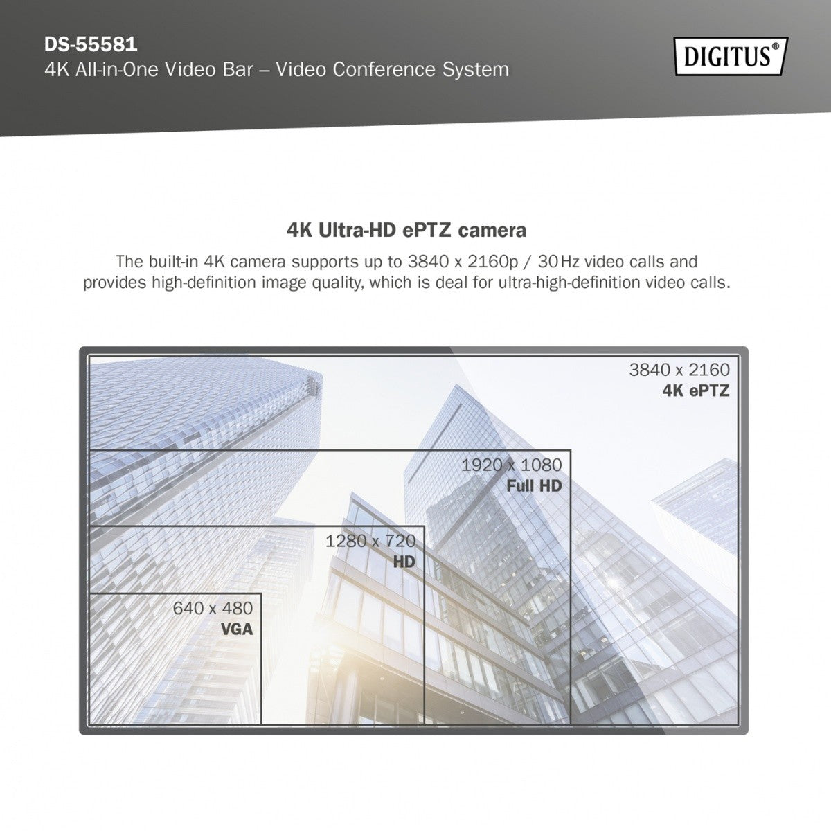 Sistem de videoconferință 4K ePTZ, unghi larg de 90°, senzor de 3.0'', Hi-Fi de 8MP, 2 microfoane, telecomandă