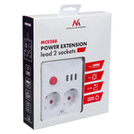 Prelungitor cu 2 prize MCE387 W 3xUSB, 110-240V AC 50/60Hz, 2.1A max 2500W, 1.5m, alb
