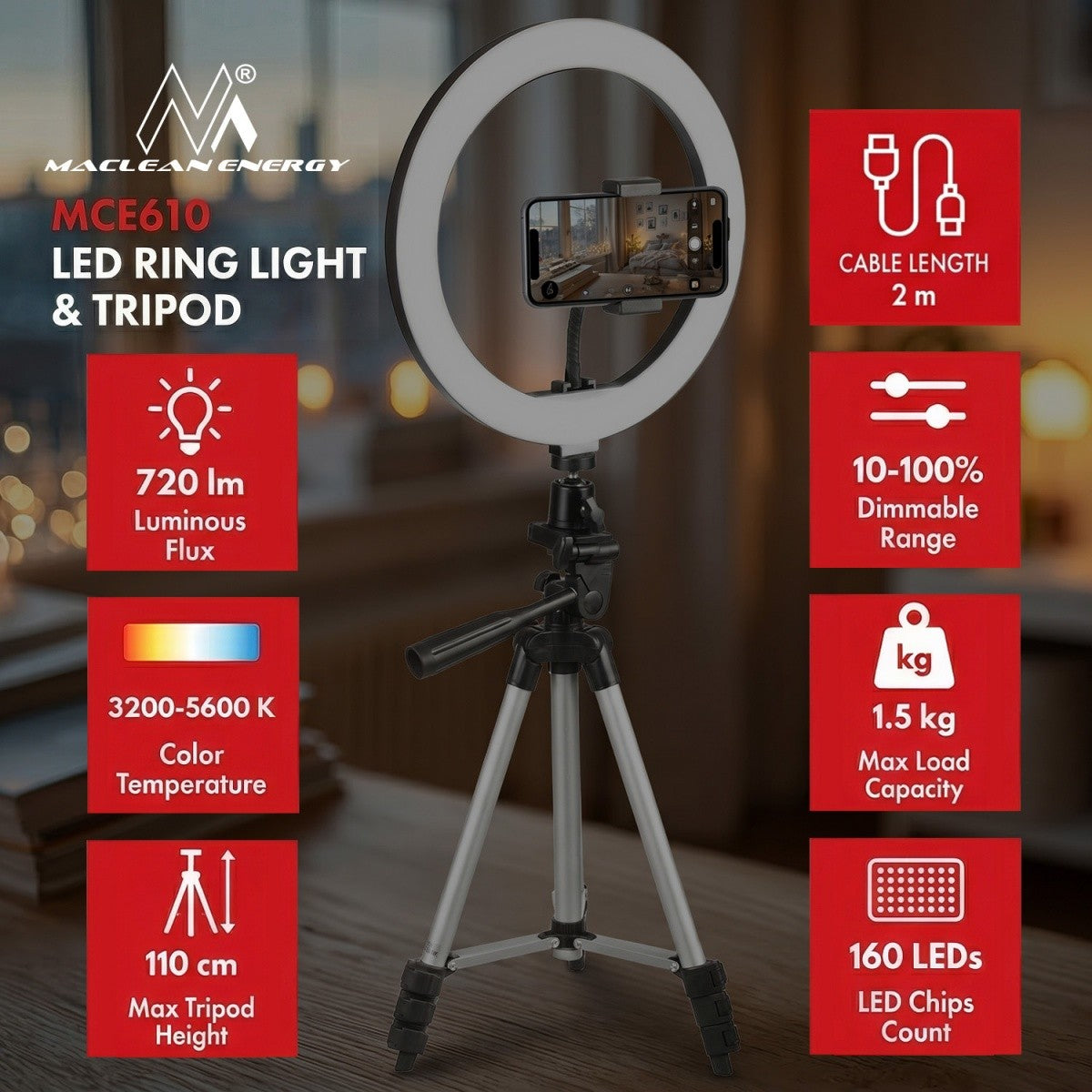 Lampă inelară LED 12W 10" cu stativ MCE610