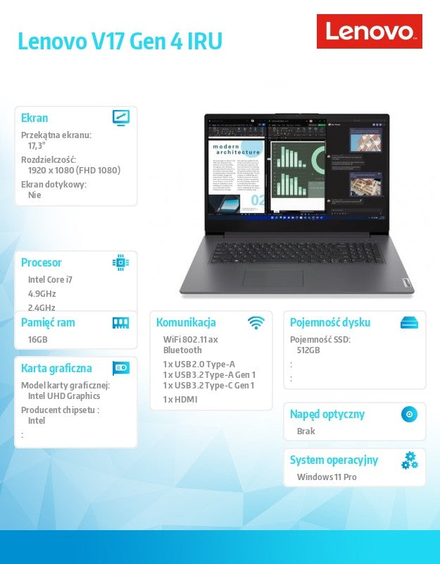 Laptop V17 G4 83A2004HPB W11Pro i7-13620H/2X8GB/512GB/INT/17.3 FHD/Gri fier/3 ani sistem de operare + 2 ani asigurare completă