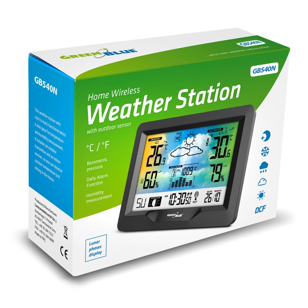 Stație meteo wireless GB540N cu indicator de confort, măsurare umiditate, fază lunară, ceas cu sistem DCF