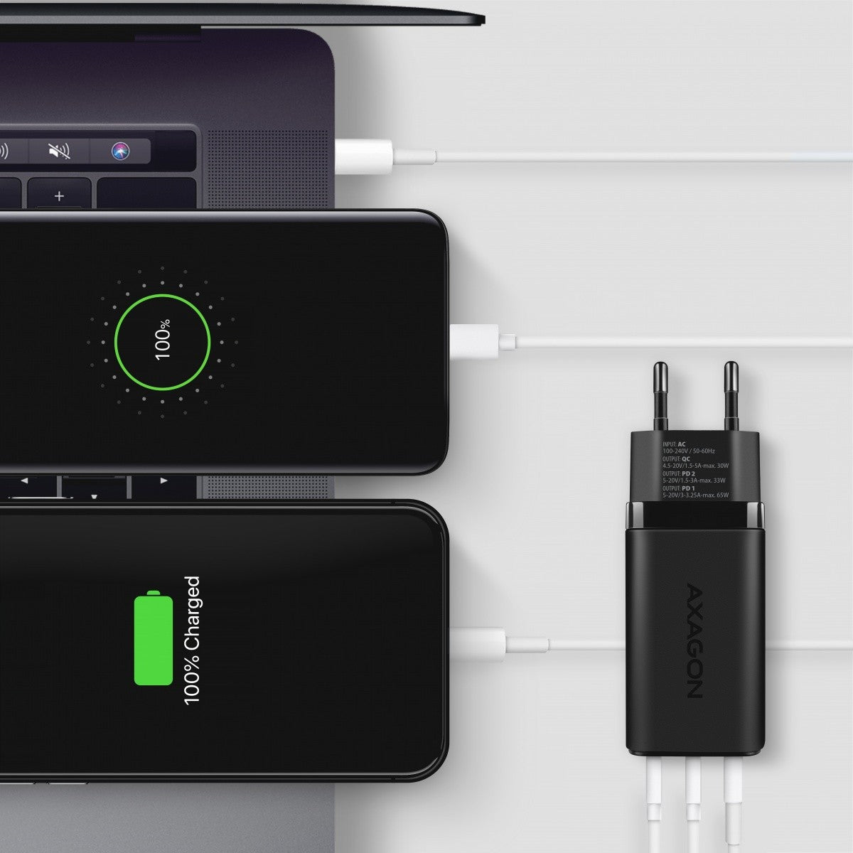 Încărcător de perete ACU-DPQ65, GaN 65W, 3 porturi (USB-A + USB-C dual), PD3.0/QC4+/PPS/Apple, negru