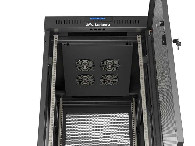 Dulap rack negru de podea 19" 24U 600x800 cu uși perforate, LCD (Pachet complet) V2