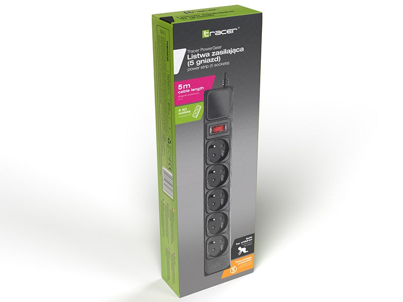 Prelungitor de prize PowerGear 5m negru cu 5 prize