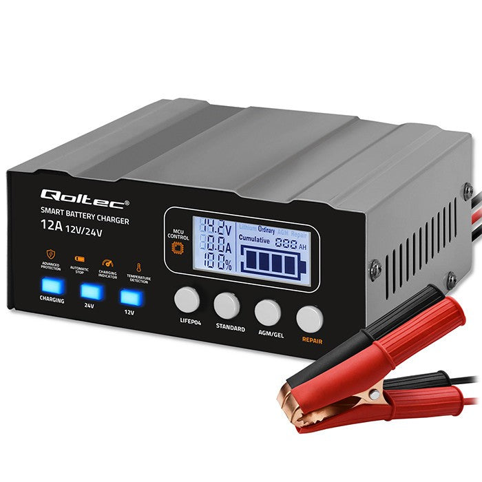 Încărcător inteligent cu microprocesor 12V | 12.6V | 24V | Redresor cu funcție de reparare pentru baterii AGM GEL LiFePO4 | LCD