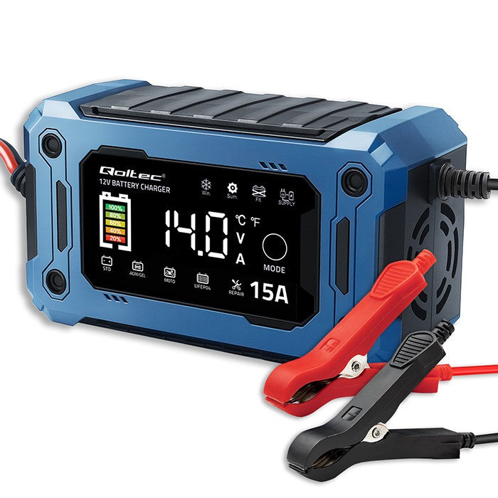 Încărcător cu microprocesor 12V 15A | Redresor cu funcție de reparare și întreținere în timpul înlocuirii bateriei | pentru AGM GEL LiFePO4 | LCD
