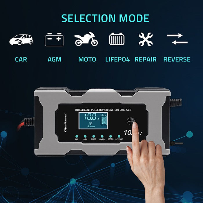 Încărcător cu microprocesor 12V 10A | Redresor cu funcție de reparare pentru baterii AGM GEL LiFePO4 | LCD