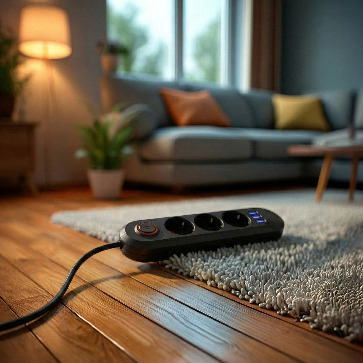 Prelungitor MCE394 B, 1,5 m | 3 prize + 3xUSB. 110-240V AC 50/60Hz, 2,1A max 2500W, negru