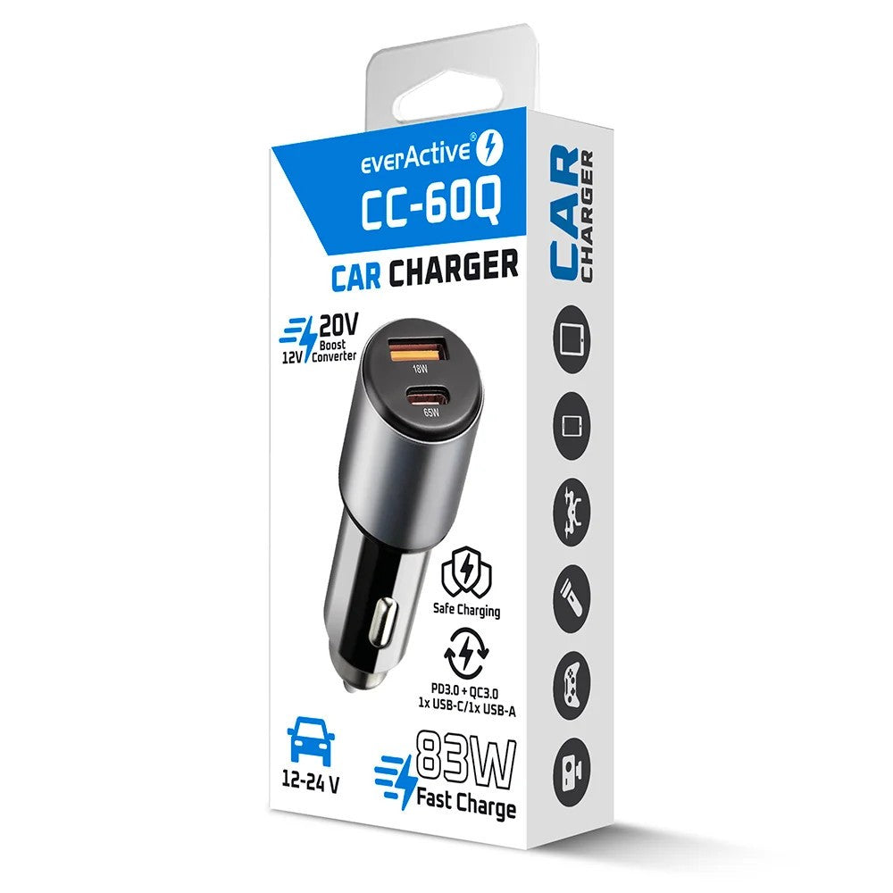 Încărcător auto CC-60Q QC3.0 83W 1X USB + 1X USB-C PD Negru