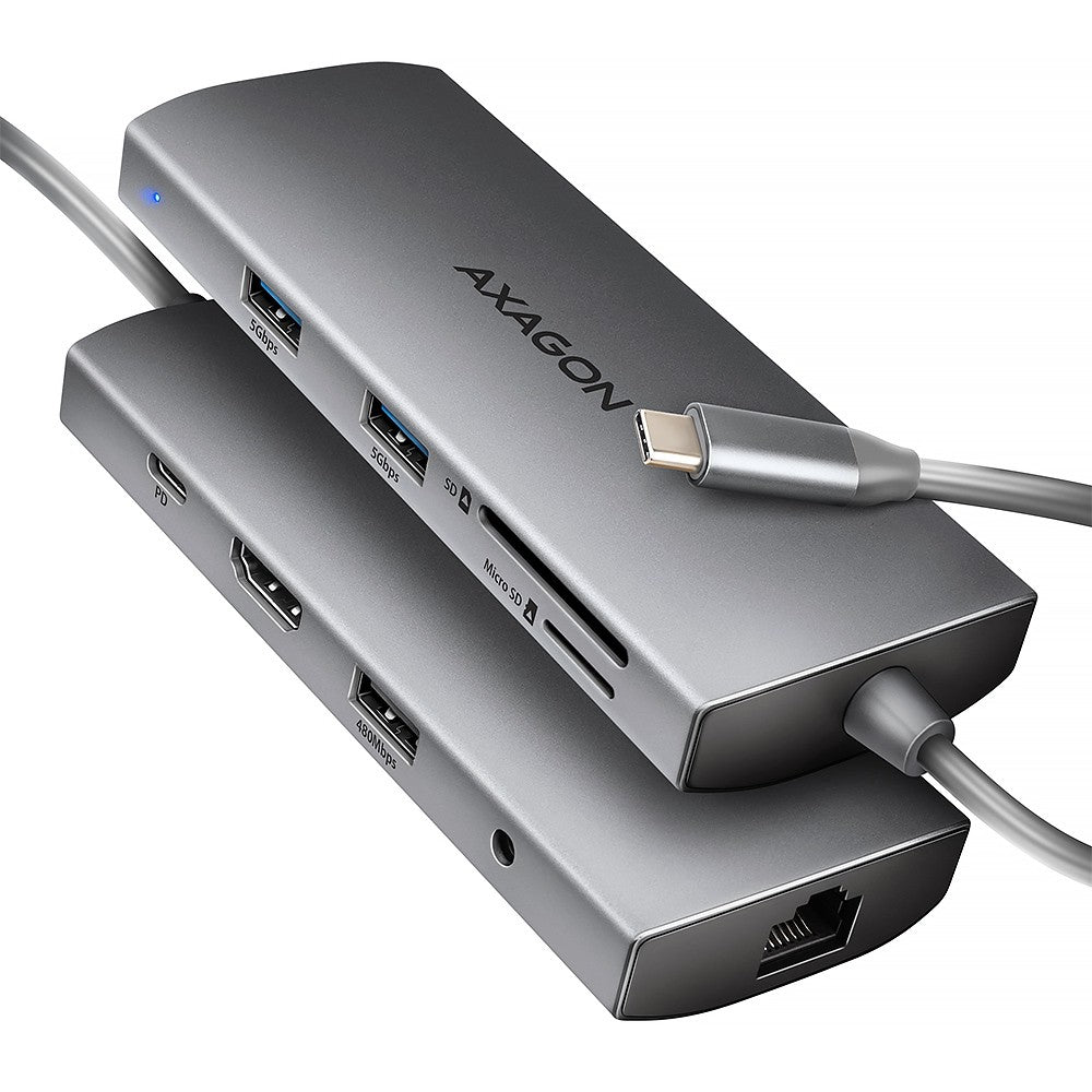 HMC-8HLSA Hub portabil USB 9 în 1, 5 Gbps, 3x USB-A + HDMI 4K/30Hz, SD/microSD, GLAN, Audio, PD 100 W, cablu USB-C 20 cm