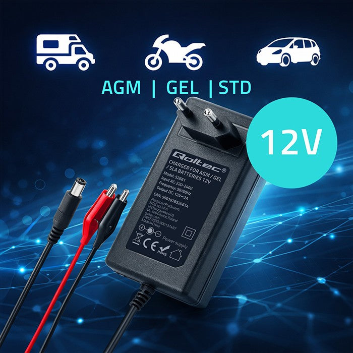 Încărcător de baterii AGM cu gel | încărcător de 12V | 2A | 24W | 5,5x2,1 | cablu de 1,8 m