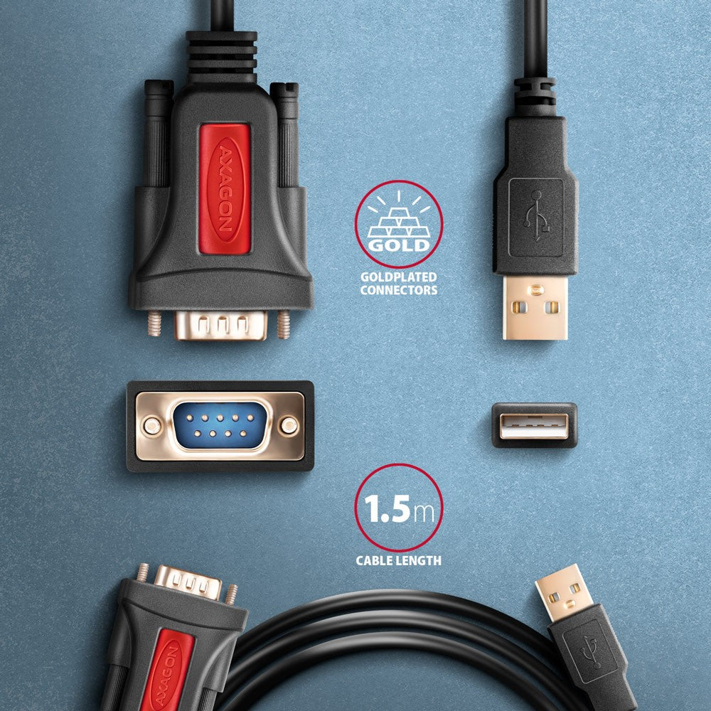 Adaptor ADS-1PSN USB 2.0 > RS-232 pentru port serial, cablu de 1,5 m, cip Prolific