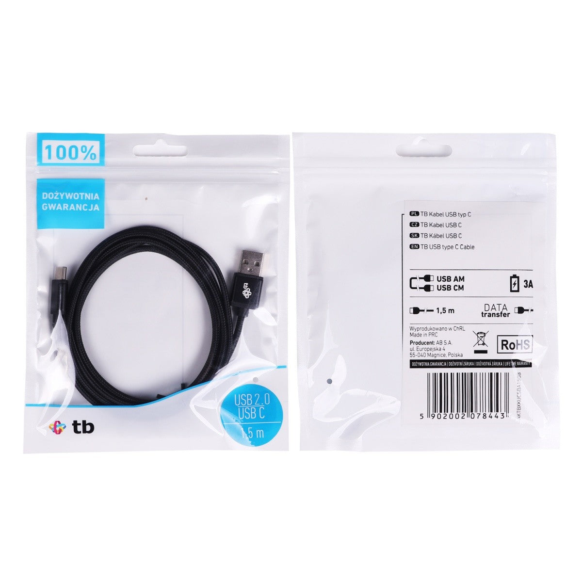 Cablu USB-USB C, cablu negru de 1,5 m