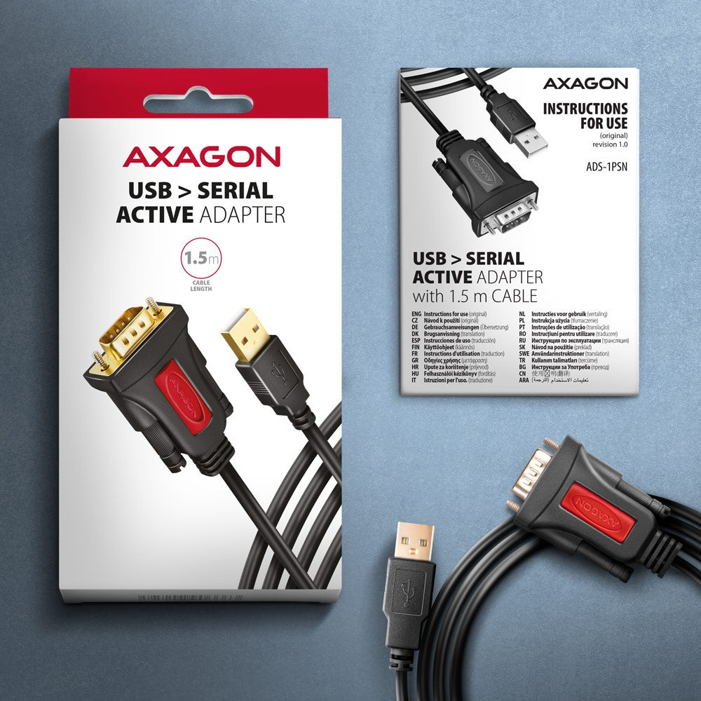 Adaptor ADS-1PSN USB 2.0 > RS-232 pentru port serial, cablu de 1,5 m, cip Prolific